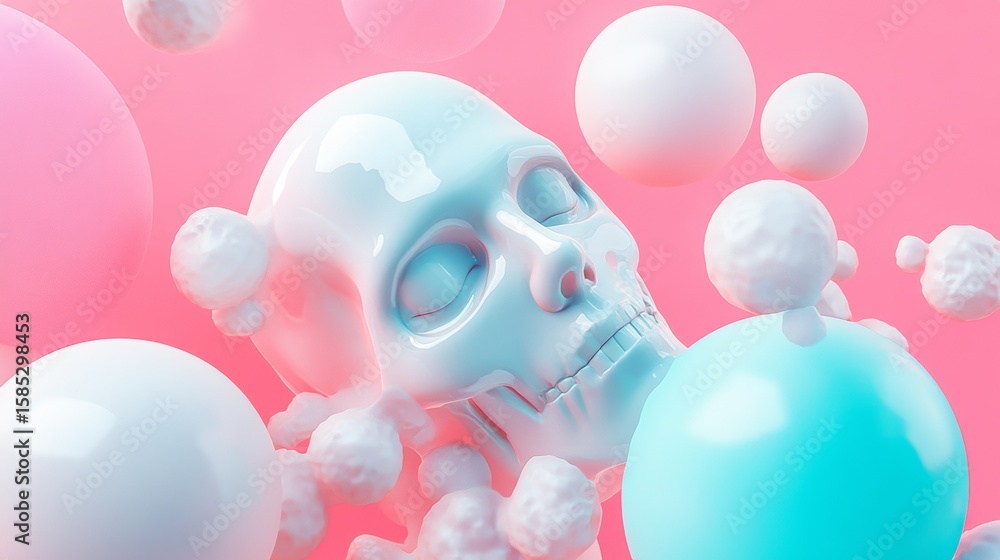 Poster surreal 3d artwork with floating skull and bubbles on pastel background for fantasy concept visuals 