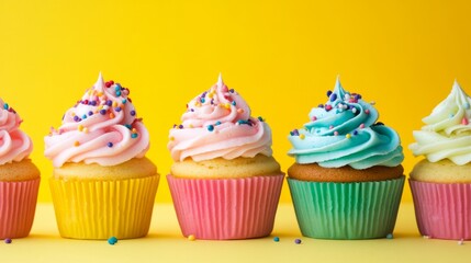 Colorful birthday cupcakes with frosting and sprinkles arranged on bright yellow background for party celebration or festive event decoration




