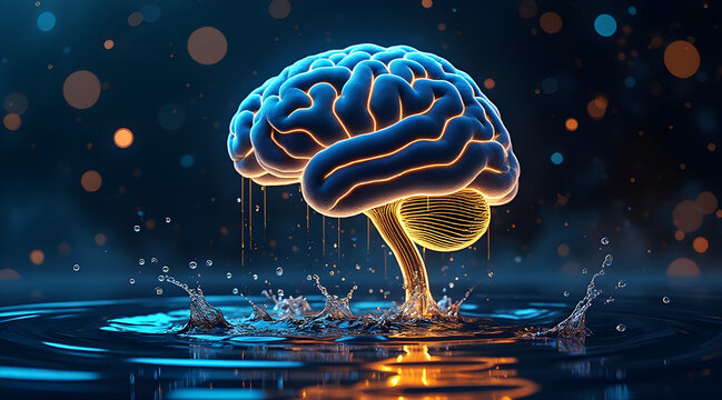 Abstract digital illustration of a glowing blue human brain with orange neural pathways emerging from water splashes
