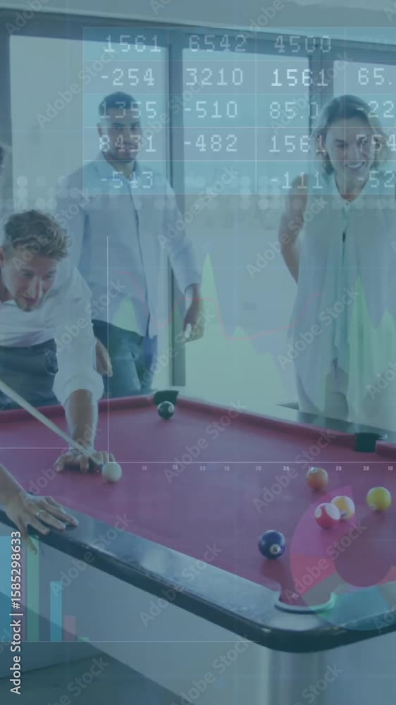 Poster playing pool, people with financial data processing animation overlay in background