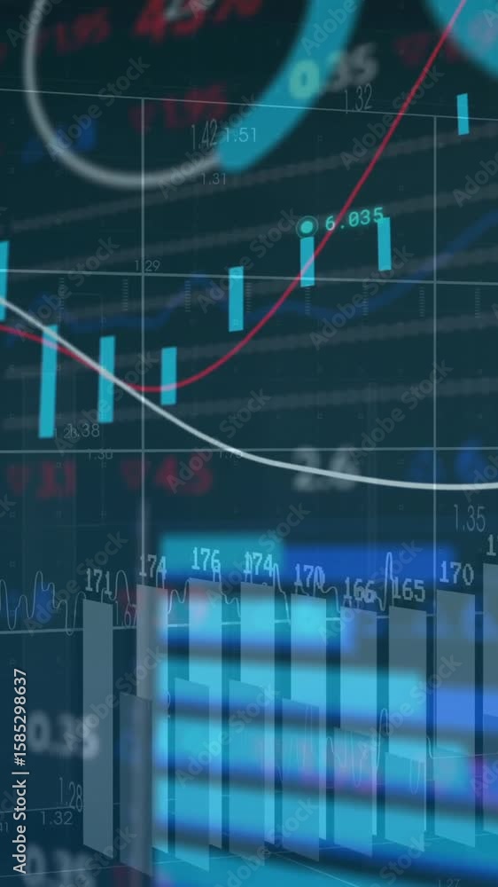 Poster analyzing financial data, charts and graphs showing market trends in animation