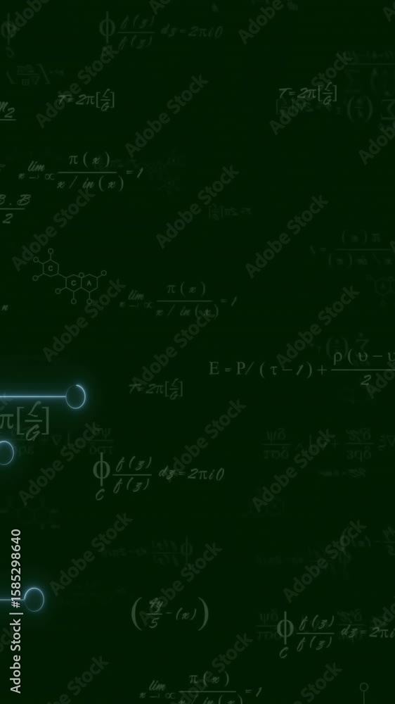 Poster animation of digital circuit patterns with mathematical equations on dark green background