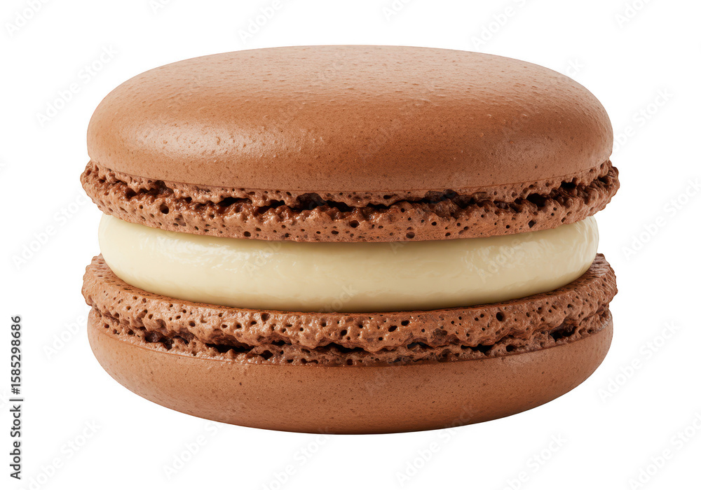 Poster a single chocolate macaron with a creamy filling, presented in a studio shot isolated on a transpare
