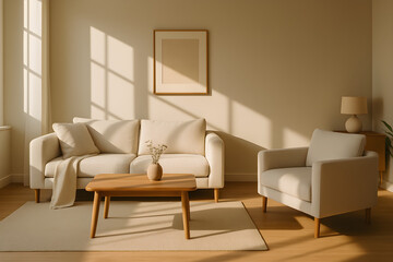 Modern minimalist living room interior with beige sofa, armchair, coffee table and decor in warm sunlight
