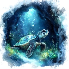 Obraz premium Serene sea turtle in an underwater cave.