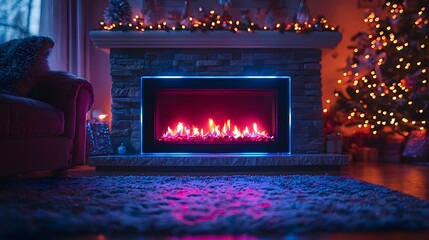 Cozy futuristic fireplace with vibrant Christmas lighting
