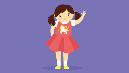 Cute little girl wearing a red dress. Vector illustration in cartoon style.