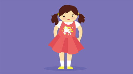 Cute little girl in a red dress. Vector illustration in flat style