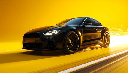 Sleek black sports car in motion on a bright yellow road