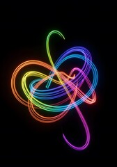 3D render of glowing light trails in vibrant rainbow, dynamic visual effect.  Abstract swirling energy trails form a glowing abstract oval shape with vibrant colors. Light in motion a dark background