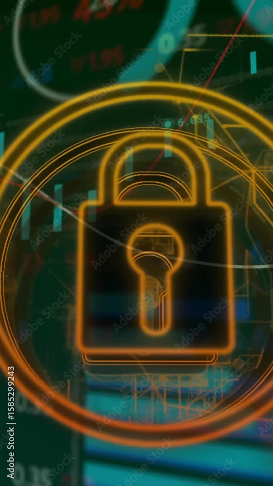 Poster animating lock symbol over financial charts and graphs for secure data visualization