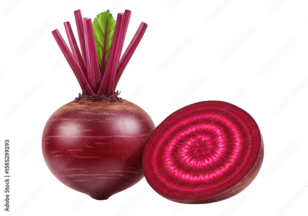 Poster a whole beetroot and a half beetroot showing its vibrant red circular pattern, isolated on transpare