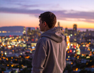 Young teen boy in hoodie stands alone on city rooftop at dusk with dramatic sky and urban backdrop