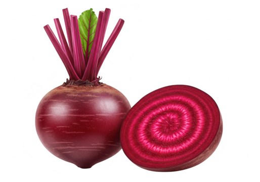 A whole beetroot and a half beetroot showing its vibrant red circular pattern, isolated on transparent background
