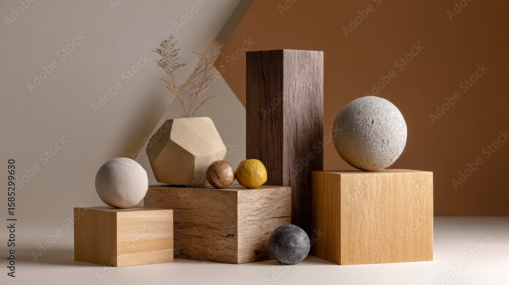 Poster geometric objects on neutral background with spheres and cubes for modern decor visuals abstract des