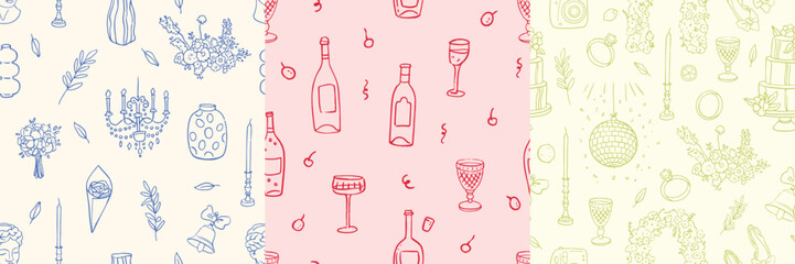Vector hand drawn trendy summer wedding floral arch, vase, cake, wine, disco ball outline illustration set. Elegant flat minimalist modern seamless patterns for wedding invitations, menu design