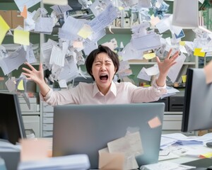 Furious office worker shouting in chaotic workspace, cluttered with paperwork, intense emotions, overwhelmed by stress