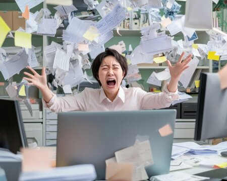 Furious office worker shouting in chaotic workspace, cluttered with paperwork, intense emotions, overwhelmed by stress