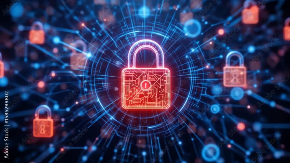 Poster a network with digital keys symbolizes cyber resilience and secure connections. 4k video