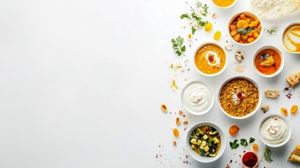 Culinary Assortment: A vibrant top-down composition of varied dishes, bowls filled with flavorful foods. a visual journey through culinary creations.