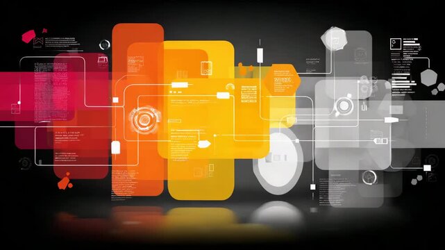 A futuristic digital interface with colorful translucent rectangles and white technology icons overlaying a dark background.