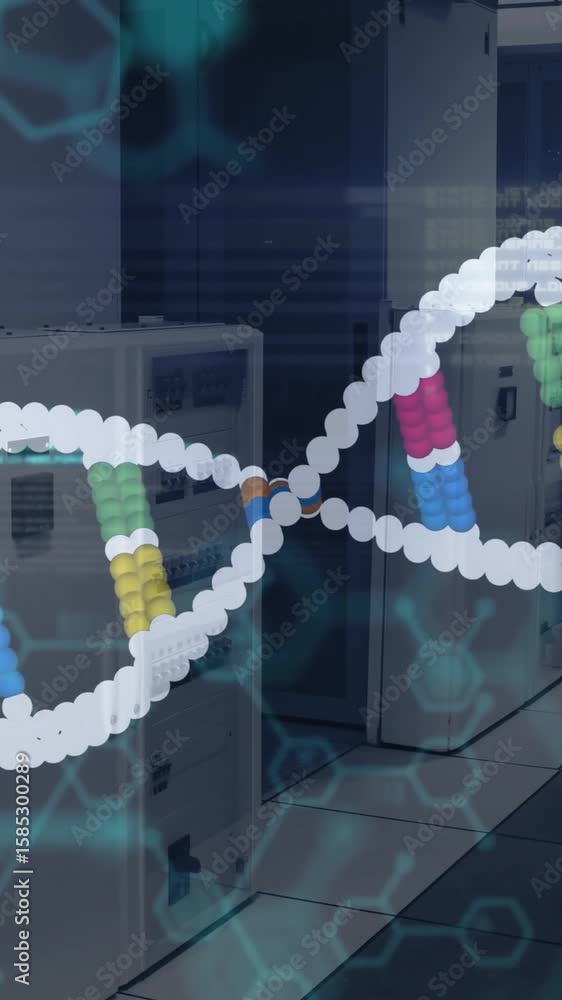 Poster processing scientific data, dna strand and binary coding animation in school setting
