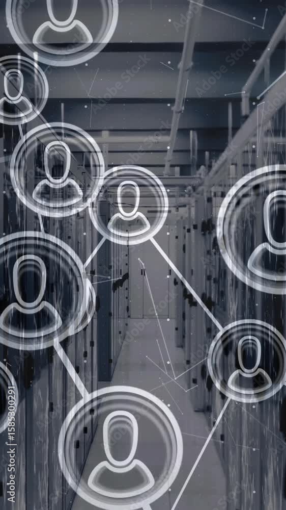 Poster in server room, animation of user icons network representing digital communication