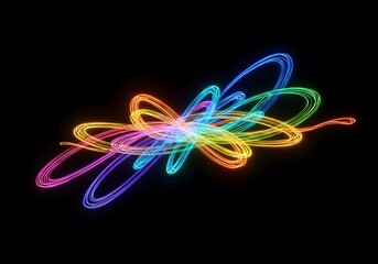Light in motion a dark background, 3D render of glowing light trails in vibrant rainbow, a dynamic visual effect. Abstract swirling energy trails form a glowing abstract oval shape with vibrant colors