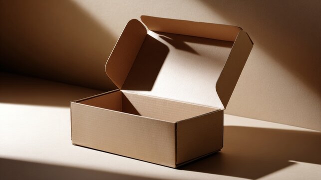 Minimal eco-friendly open cardboard packaging box on beige background for product branding and shipping design concept