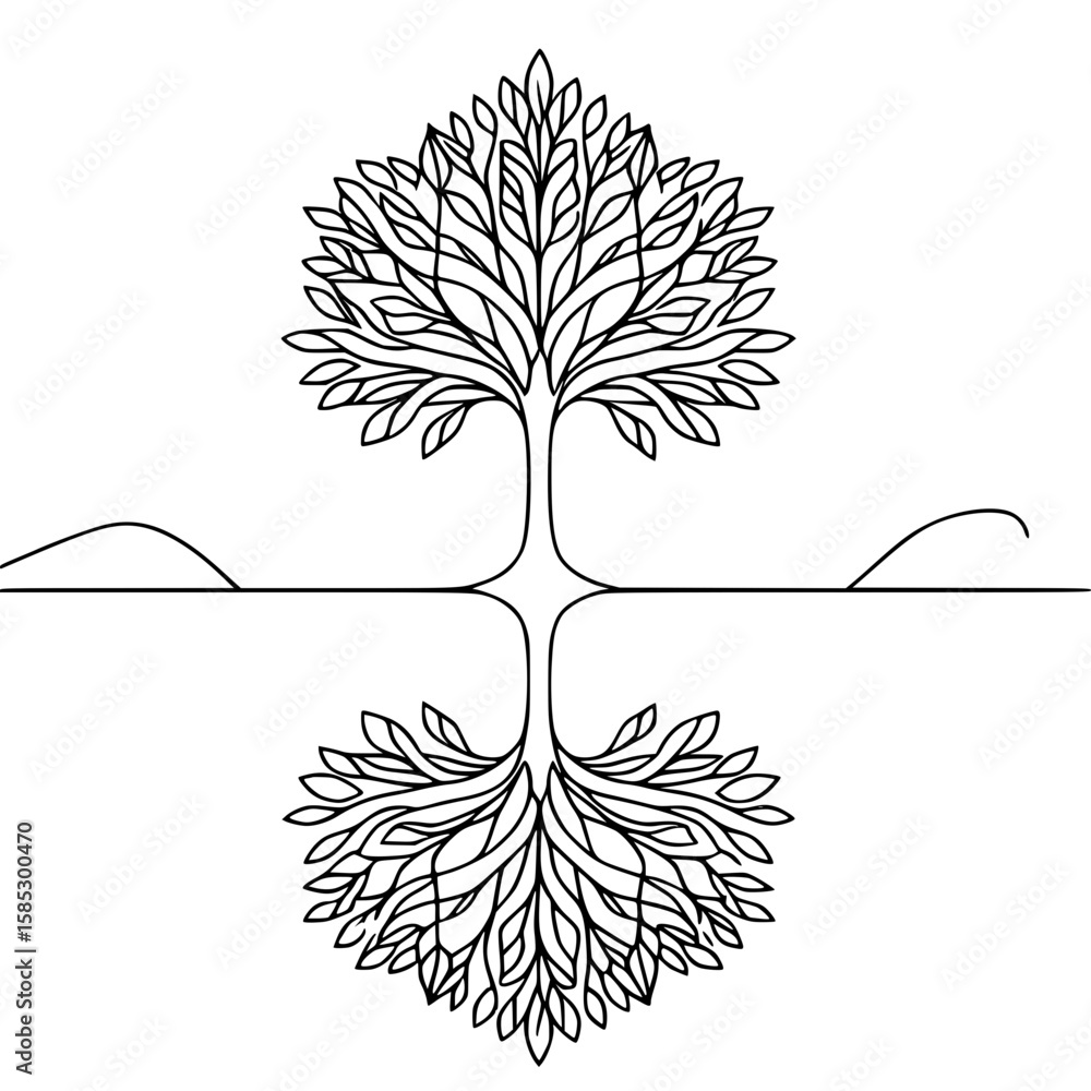 Poster tree design in single line outline vector style with roots and leaves