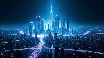 Blue-toned digital cityscape forming and collapsing in light-based projection - Powered by Adobe