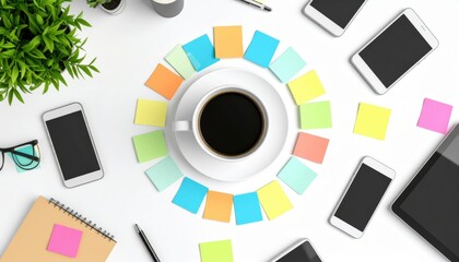 Organized Workspace With Coffee Cup And Colorful Sticky Notes