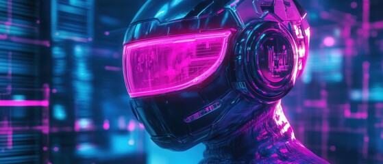 Futuristic figure in glowing helmet