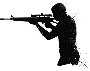MobileSilhouette of sniper with rifle aiming target, military marksman concept, tactical shooter, urban combat scene, grunge ink splatter background