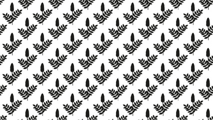 Seamless pattern of black sumac plants on a white background in a repeating diagonal arrangement
