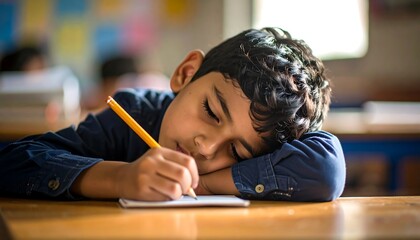 Sleepy boy writing in class