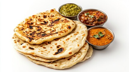 Savory Naan and Curry Delights: A culinary composition featuring warm, golden naan bread paired with a vibrant trio of flavorful curries, offering a tantalizing taste of Indian cuisine. 