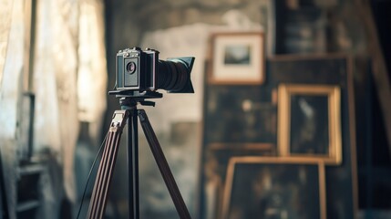 Vintage camera on tripod standing in artistic studio with paintings and nostalgic photography setup background