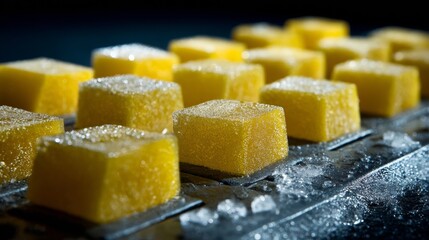 Yellow sugar cubes neatly arranged on metal tray with backlight showing food texture candy detail macro