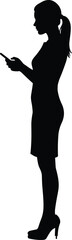 Silhouette of elegant woman using smartphone, side profile, wearing dress, heels, showcasing digital lifestyle, technology, communication, stylish vector design