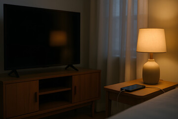Cozy bedroom interior with bedside lamp, smartphone charging on nightstand, and modern TV cabinet at night