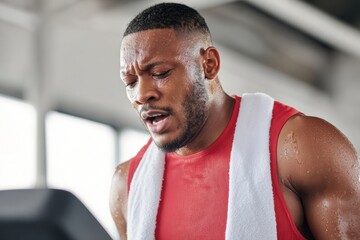 Sweaty man breathing heavily during a workout, wearing a red tank top and towel.