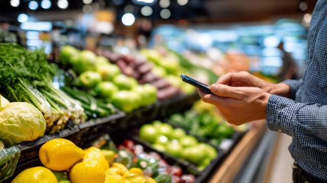 Person holding smartphone shopping in produce section selecting fresh vegetables and fruits at grocery store