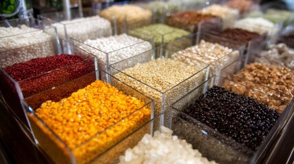 Spices legumes and seeds displayed in open bins at local market creating colorful natural food scene
