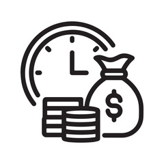 Time is money concept icon with clock, coins, and money bag representing financial deadlines and investment.