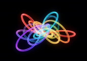a dynamic visual effect. Abstract swirling energy trails form a glowing abstract oval shape with vibrant colors. Light in motion a dark background, 3D render of glowing light trails in vibrant rainbo