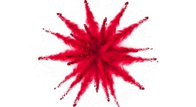 Illustration of a vibrant red powder bursts outwards in a starburst shape isolated on transparent background