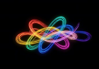 Light in motion a dark background, 3D render of glowing light trails in vibrant rainbow, a dynamic visual effect. Abstract swirling energy trails form a glowing abstract oval shape with vibrant colors
