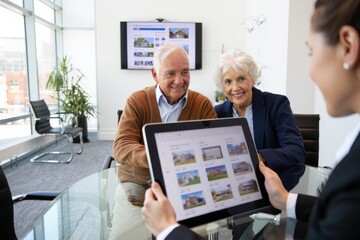 Real Estate Consultation Senior Couple Discussing Property Options with Agent on Tablet