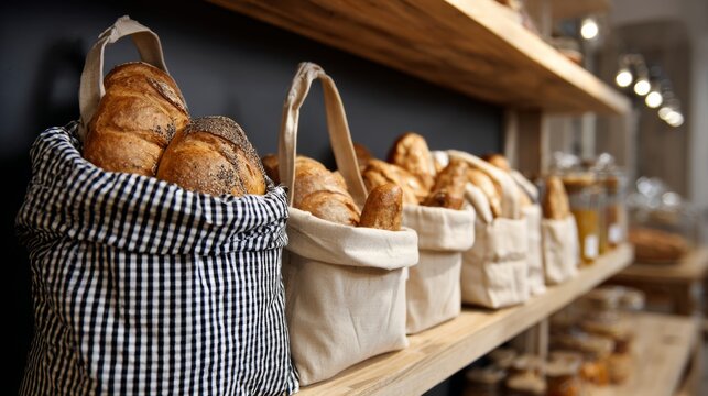 Bread baskets on rustic bakery wooden shelves filled with artisanal loaves in warm interior lighting